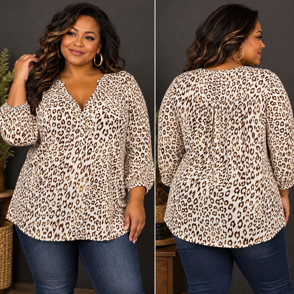 Wonderly Womens 3X Leopard Print Tunic NWT Plus Size Mob Wife Boho Blouse Animal